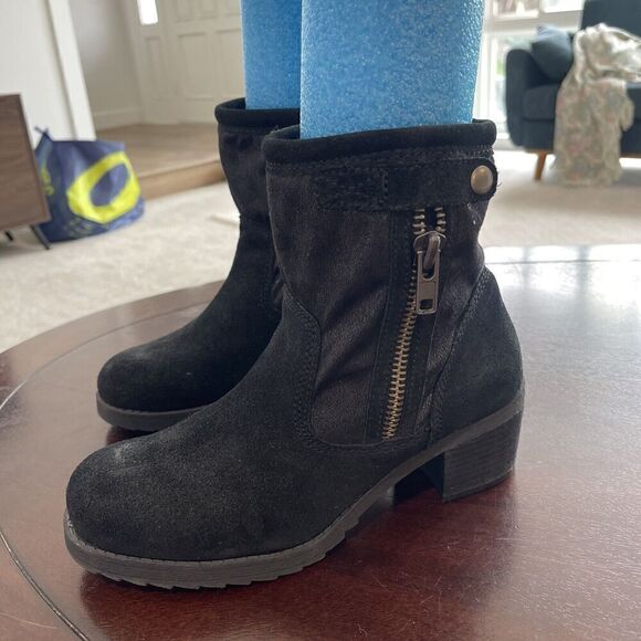 Naturalizer Suede Leather Boots 7.5 Black Faux Fur Lining Round Toe Double Zip - Picture 2 of 11